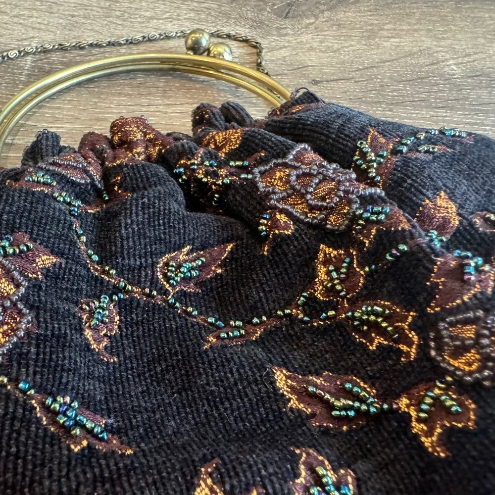 Brown and Black Velvet Purse with Beaded Details and Satin Lining. - Picture 3 of 8